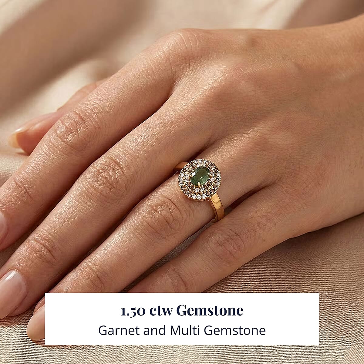 D'Joy Premium Ambanja Demantoid Garnet and Multi Gemstone 1.50 ctw Evergreen Flame Halo Ring in 18K Vermeil Yellow Gold Over Sterling Silver (Size 6.0) image number 1