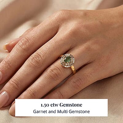 D'Joy Premium Ambanja Demantoid Garnet and Multi Gemstone 1.50 ctw Evergreen Flame Halo Ring in 18K Vermeil Yellow Gold Over Sterling Silver (Size 7.0)