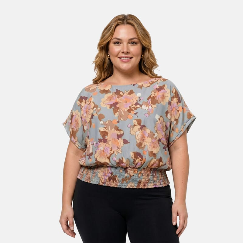 La Marey Blue Multi Pattern Smocked Blouson Top - One Size Plus