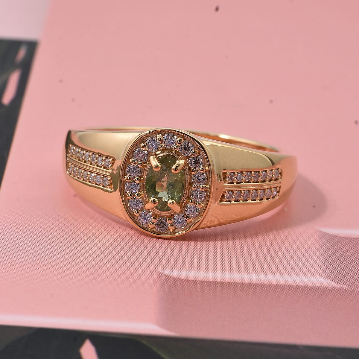 D'Joy Premium Ambanja Demantoid Garnet and Moissanite 0.90 ctw Men's Ring in 18K Vermeil Yellow Gold Over Sterling Silver (Size 12.0) image number 1