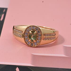 D'Joy Premium Ambanja Demantoid Garnet and Moissanite 0.90 ctw Men's Ring in 18K Vermeil Yellow Gold Over Sterling Silver (Size 13.0)