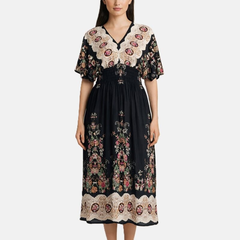 La Marey Black Smocked Waist Kaftan Sleeve Maxi Dress - One Size Fits Most