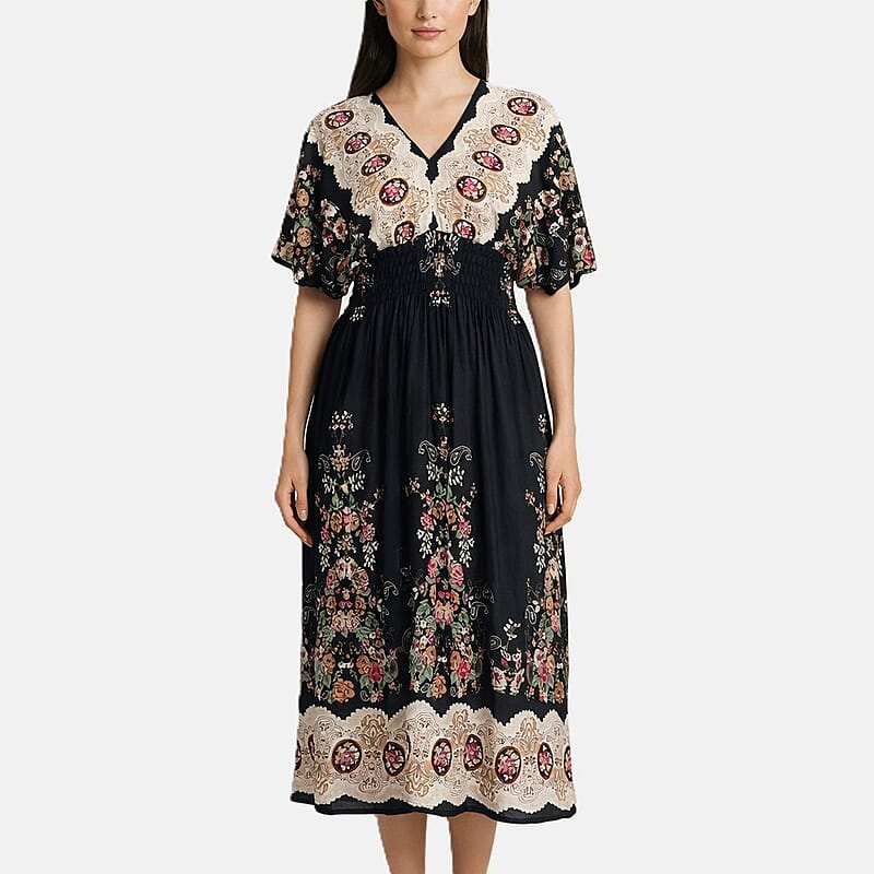 La Marey Black Smocked Waist Kaftan Sleeve Maxi Dress - One Size Fits Most