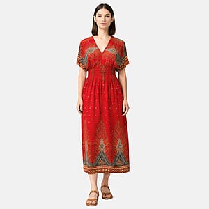 La Marey Red Smocked Waist Kaftan Sleeve Maxi Dress - One Size Plus