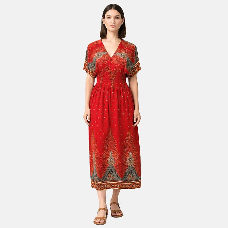 La Marey Red Smocked Waist Kaftan Sleeve Maxi Dress - One Size Fits Most