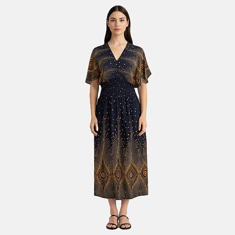 La Marey Midnight Blue Smocked Waist Kaftan Sleeve Maxi Dress - One Size Fits Most