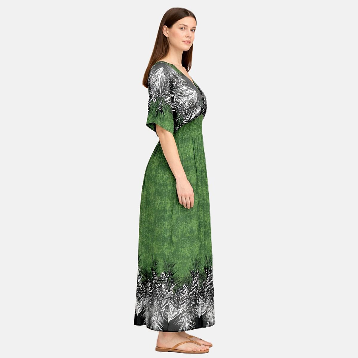 La Marey Green Smocked Waist Kaftan Sleeve Maxi Dress - One Size Plus image number 2