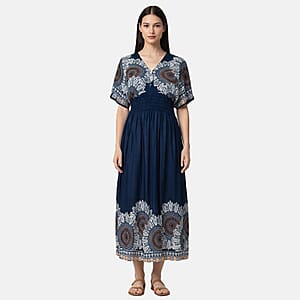 La Marey Navy Blue Smocked Waist Kaftan Sleeve Maxi Dress - One Size Plus