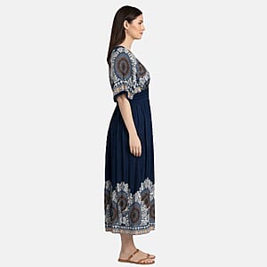 La Marey Navy Blue Smocked Waist Kaftan Sleeve Maxi Dress - One Size Plus