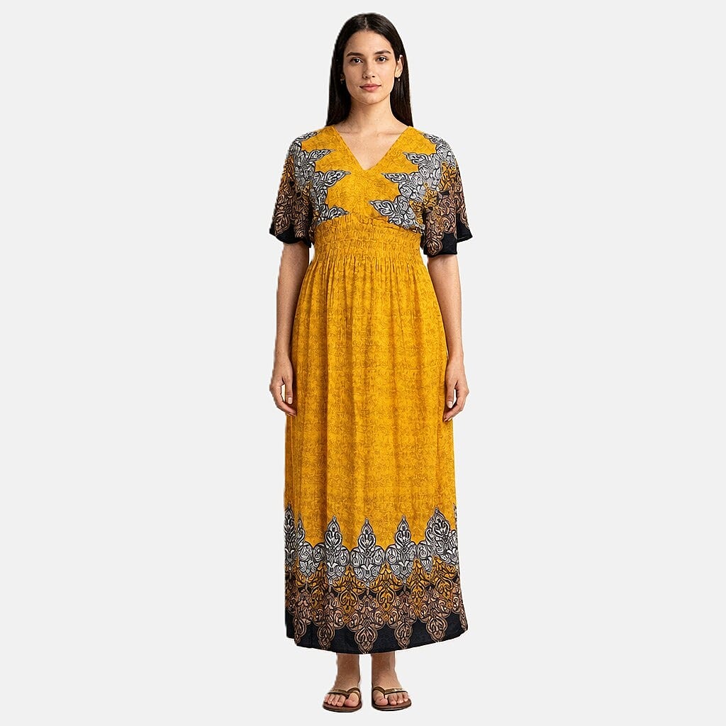 La Marey Yellow Smocked Waist Kaftan Sleeve Maxi Dress - One Size Fits Most