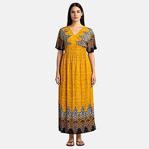 La Marey Yellow Smocked Waist Kaftan Sleeve Maxi Dress - One Size Plus