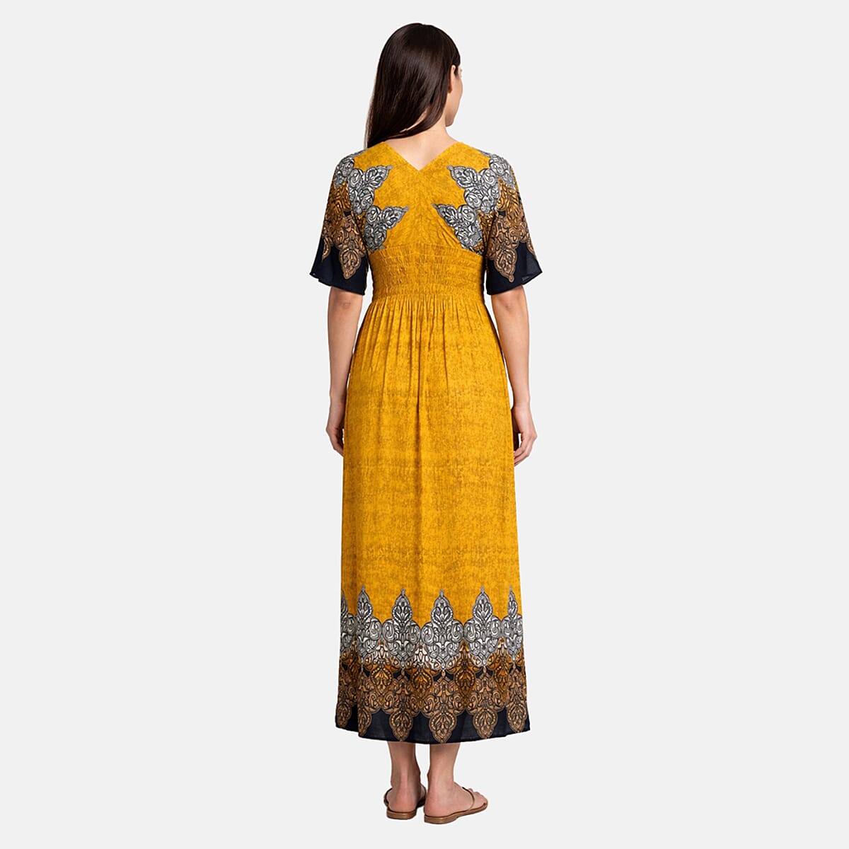 La Marey Yellow Smocked Waist Kaftan Sleeve Maxi Dress - One Size Plus image number 1