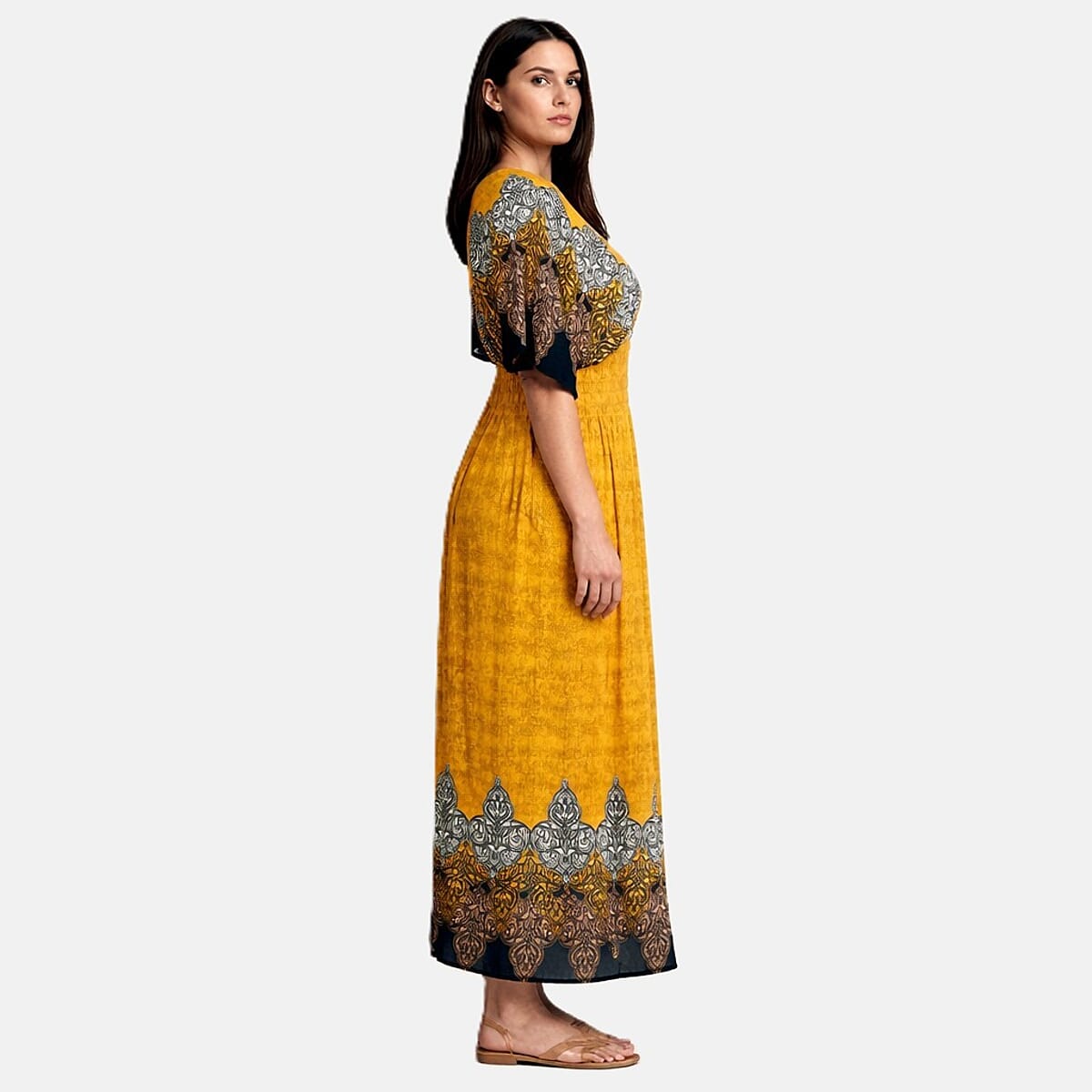 La Marey Yellow Smocked Waist Kaftan Sleeve Maxi Dress - One Size Plus image number 2