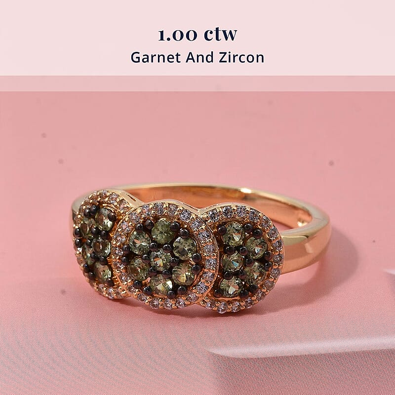 D'Joy Premium Ambanja Demantoid Garnet and White Zircon 1.00 ctw Greenfire Mosaic Ring in 18K Vermeil Yellow Gold Over Sterling Silver (Size 6.0)
