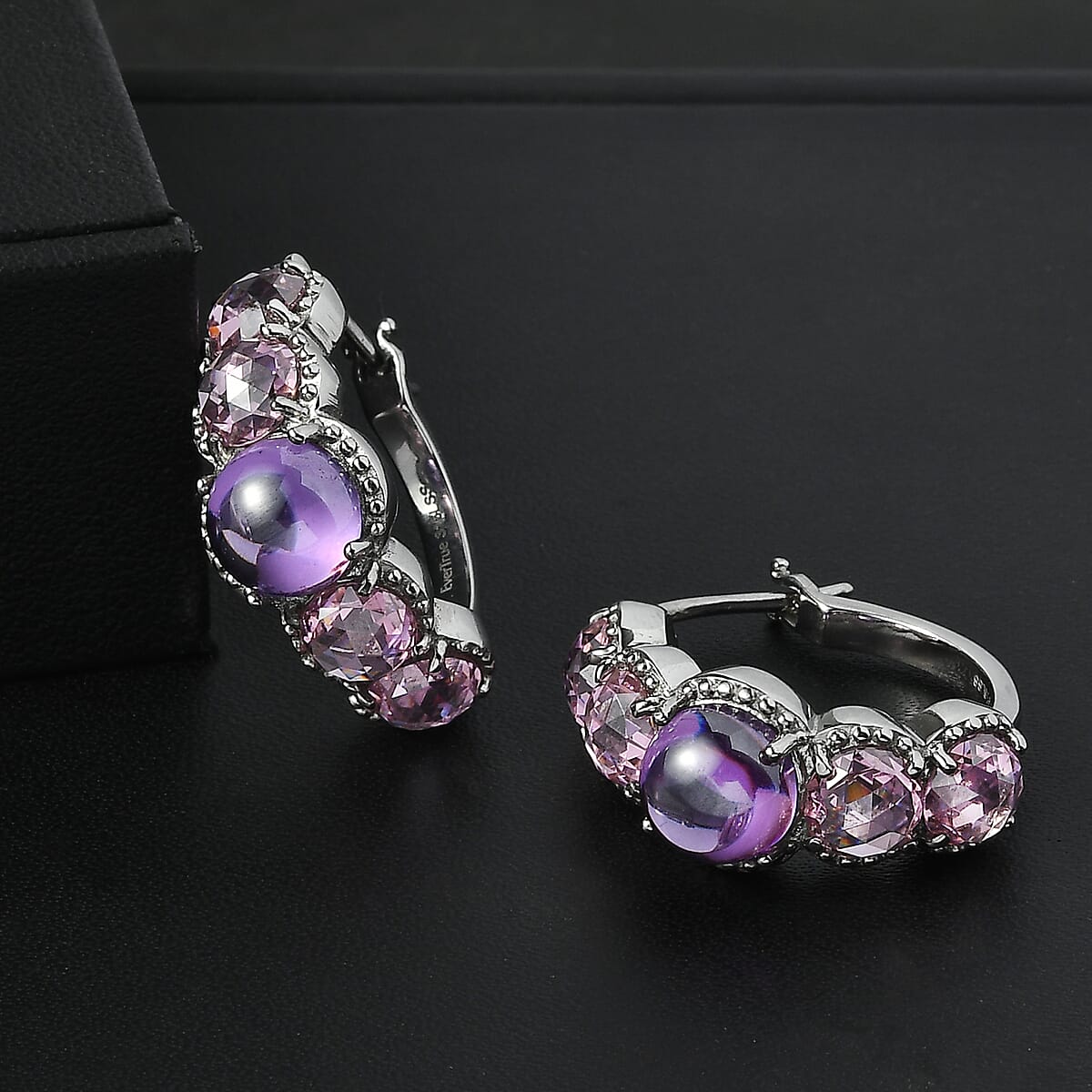 EverTrue Simulated Amethyst Color and Pink Diamond Earrings in Stainless Steel image number 1