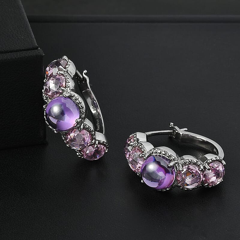 EverTrue Simulated Amethyst Color and Pink Diamond Earrings in Stainless Steel