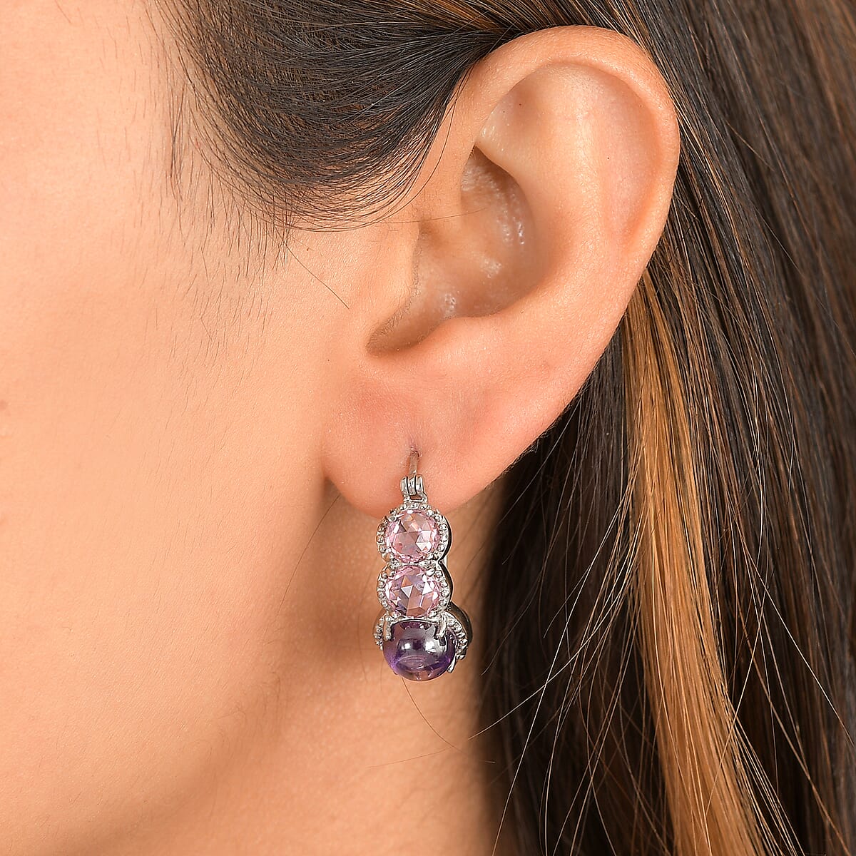 EverTrue Simulated Amethyst Color and Pink Diamond Earrings in Stainless Steel image number 2