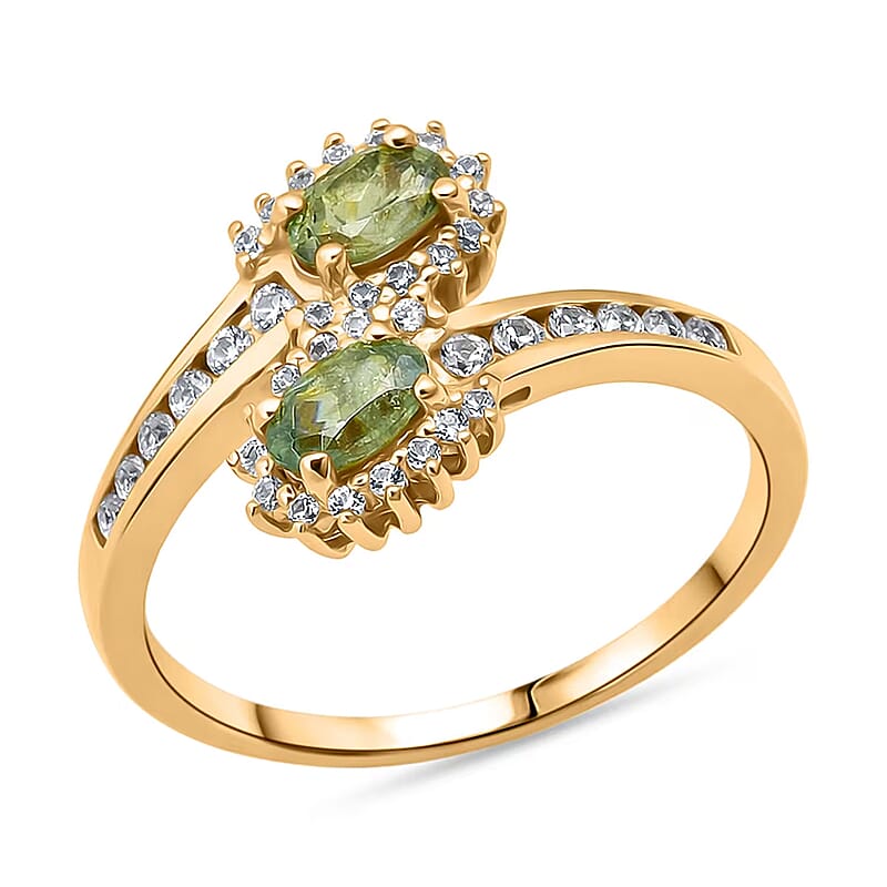 D'Joy Premium Ambanja Demantoid Garnet and White Zircon 1.00 ctw Forest Flame Crossover Ring in 18K Vermeil Yellow Gold Over Sterling Silver (Size 5.0)