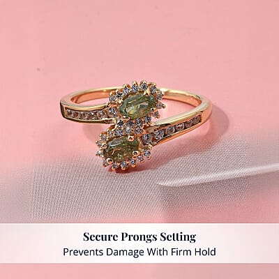 D'Joy Premium Ambanja Demantoid Garnet and White Zircon 1.00 ctw Forest Flame Crossover Ring in 18K Vermeil Yellow Gold Over Sterling Silver (Size 5.0)