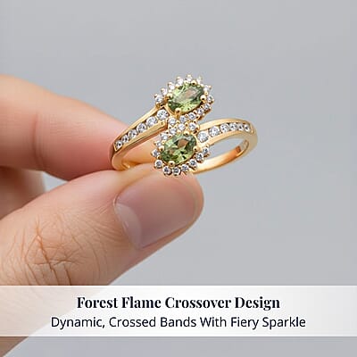 D'Joy Premium Ambanja Demantoid Garnet and White Zircon 1.00 ctw Forest Flame Crossover Ring in 18K Vermeil Yellow Gold Over Sterling Silver (Size 5.0)