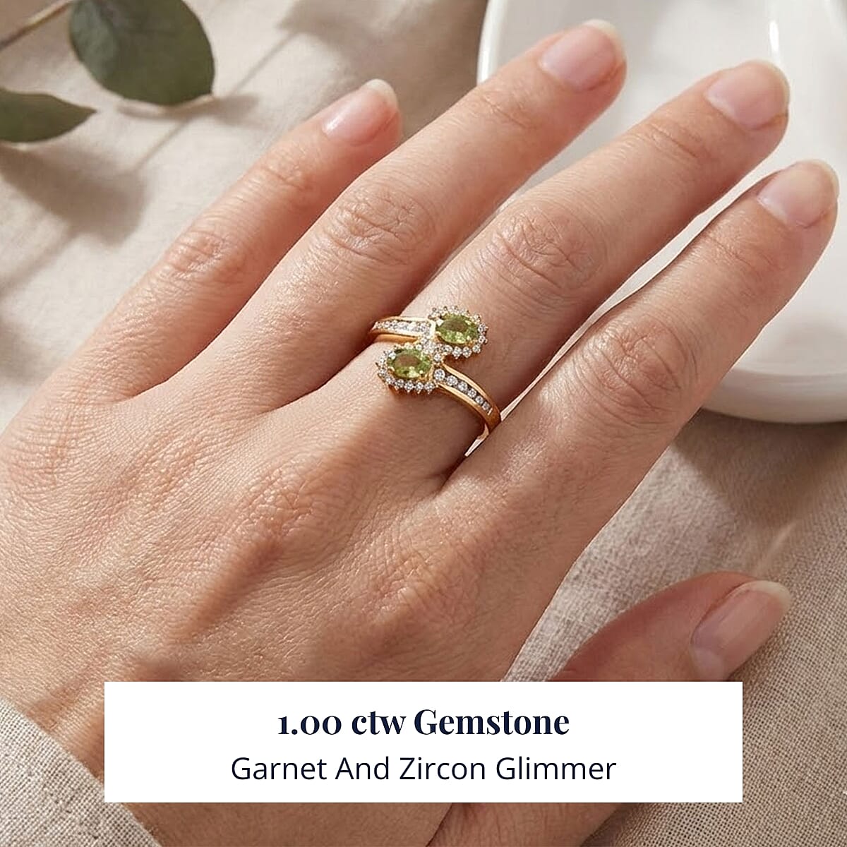 D'Joy Premium Ambanja Demantoid Garnet and White Zircon 1.00 ctw Forest Flame Crossover Ring in 18K Vermeil Yellow Gold Over Sterling Silver (Size 6.0) image number 1