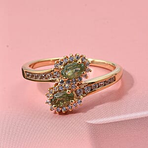 D'Joy Premium Ambanja Demantoid Garnet and White Zircon 1.00 ctw Forest Flame Crossover Ring in 18K Vermeil Yellow Gold Over Sterling Silver (Size 8.0)