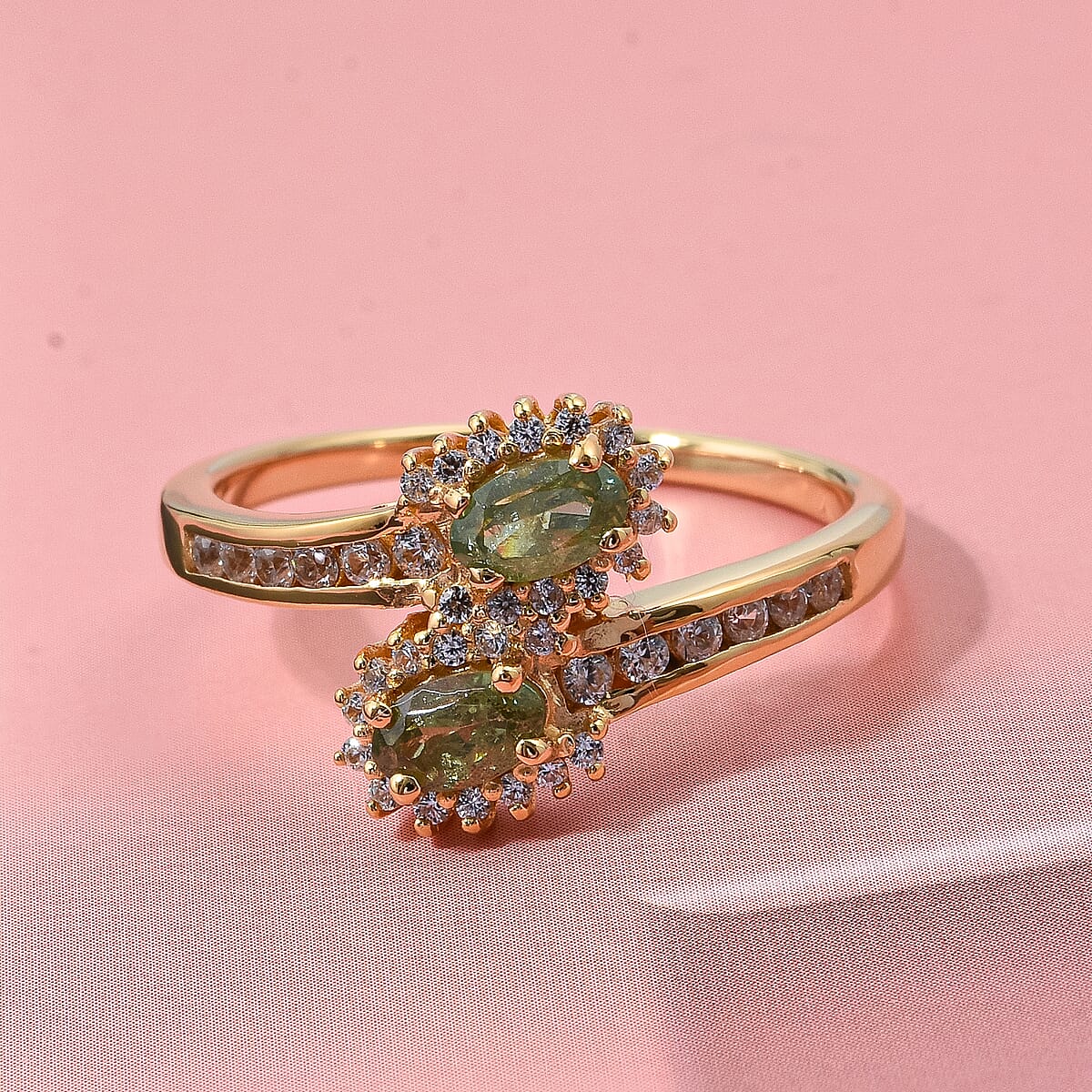 D'Joy Premium Ambanja Demantoid Garnet and White Zircon 1.00 ctw Forest Flame Crossover Ring in 18K Vermeil Yellow Gold Over Sterling Silver (Size 9.0) image number 1