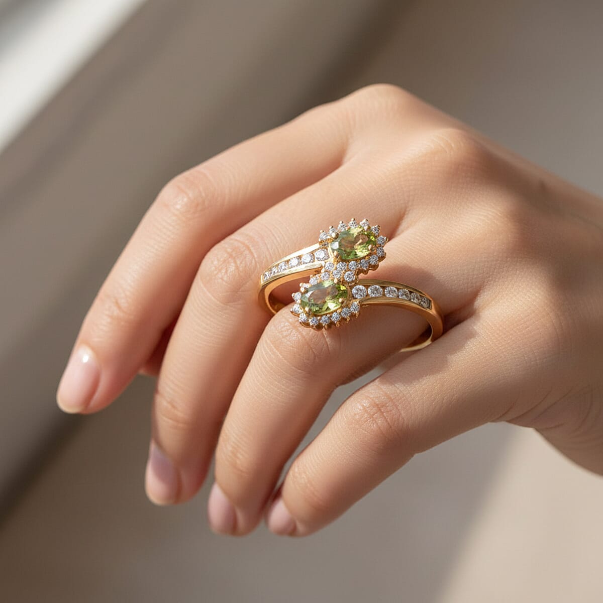 D'Joy Premium Ambanja Demantoid Garnet and White Zircon 1.00 ctw Forest Flame Crossover Ring in 18K Vermeil Yellow Gold Over Sterling Silver (Size 9.0) image number 2