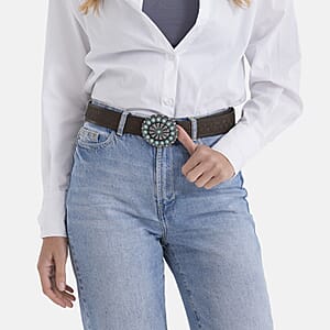 Brown Foux Leather Floral Pattern Buckle Belt