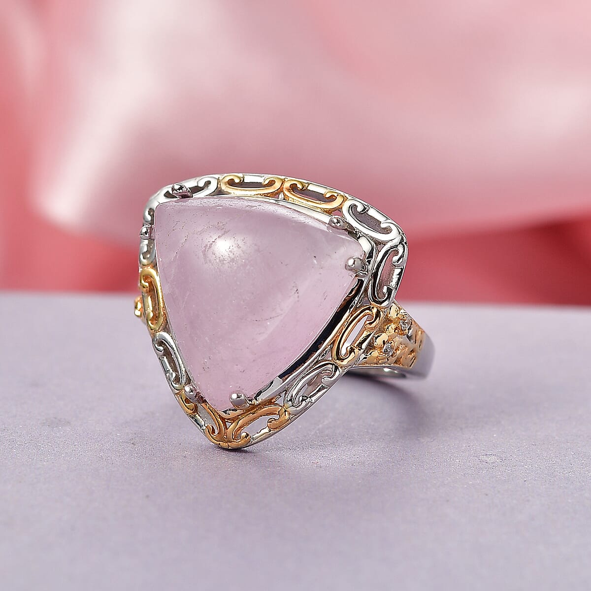 EverTrue Kunzite, White Zircon Ring in 18K YG Plated and Platinum Bond (Size 10.0) 10.85 ctw image number 1