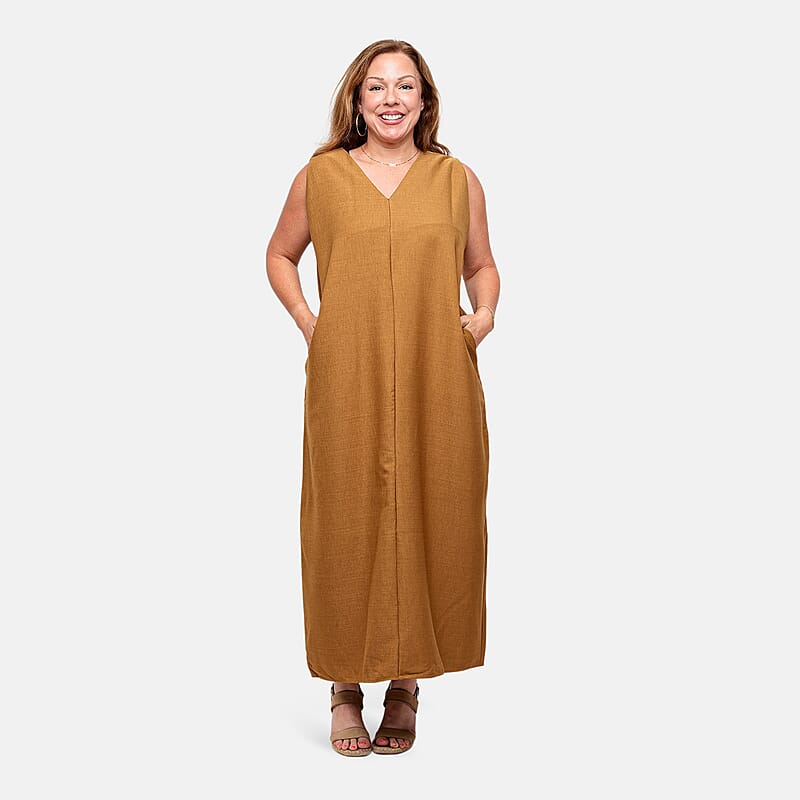 La Marey Taupe Deep V Neck Maxi Dress - One Size Missy