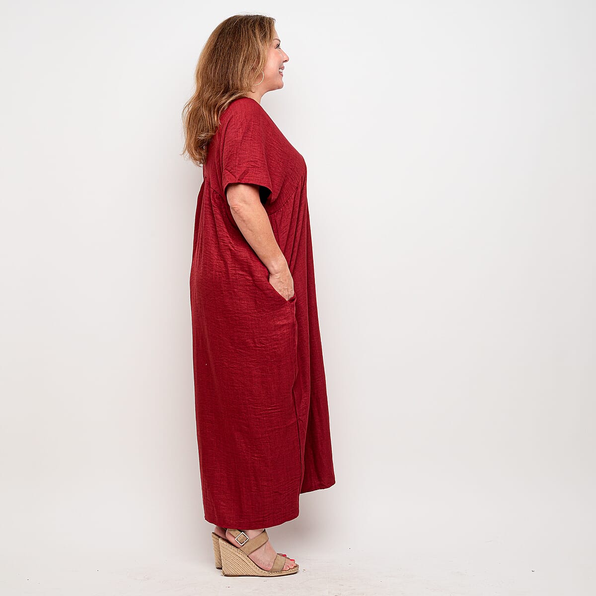 La Marey Wine V Neck Kimono Sleeve Maxi Dress- One Size Fits Most image number 1