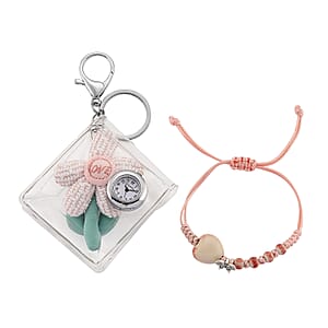 Strada SL68 Quartz Movement Keychain Watch with Flower Charms Strap and Nylon Bracelet with Ceramic Charms in Silvertone (7-7.5In)