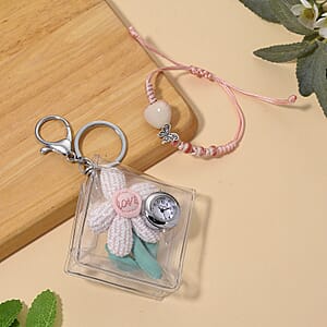 Strada SL68 Quartz Movement Keychain Watch with Flower Charms Strap and Nylon Bracelet with Ceramic Charms in Silvertone (7-7.5In)