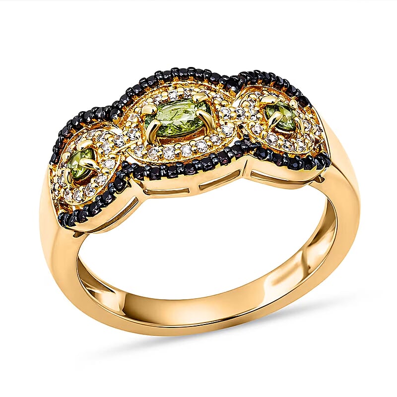 D'Joy Ambanja Demantoid Garnet, Coffee and White Zircon 1.10 ctw Greenfire Regal Ring in 18K Vermeil Yellow Gold Over Sterling Silver (Size 6.0)