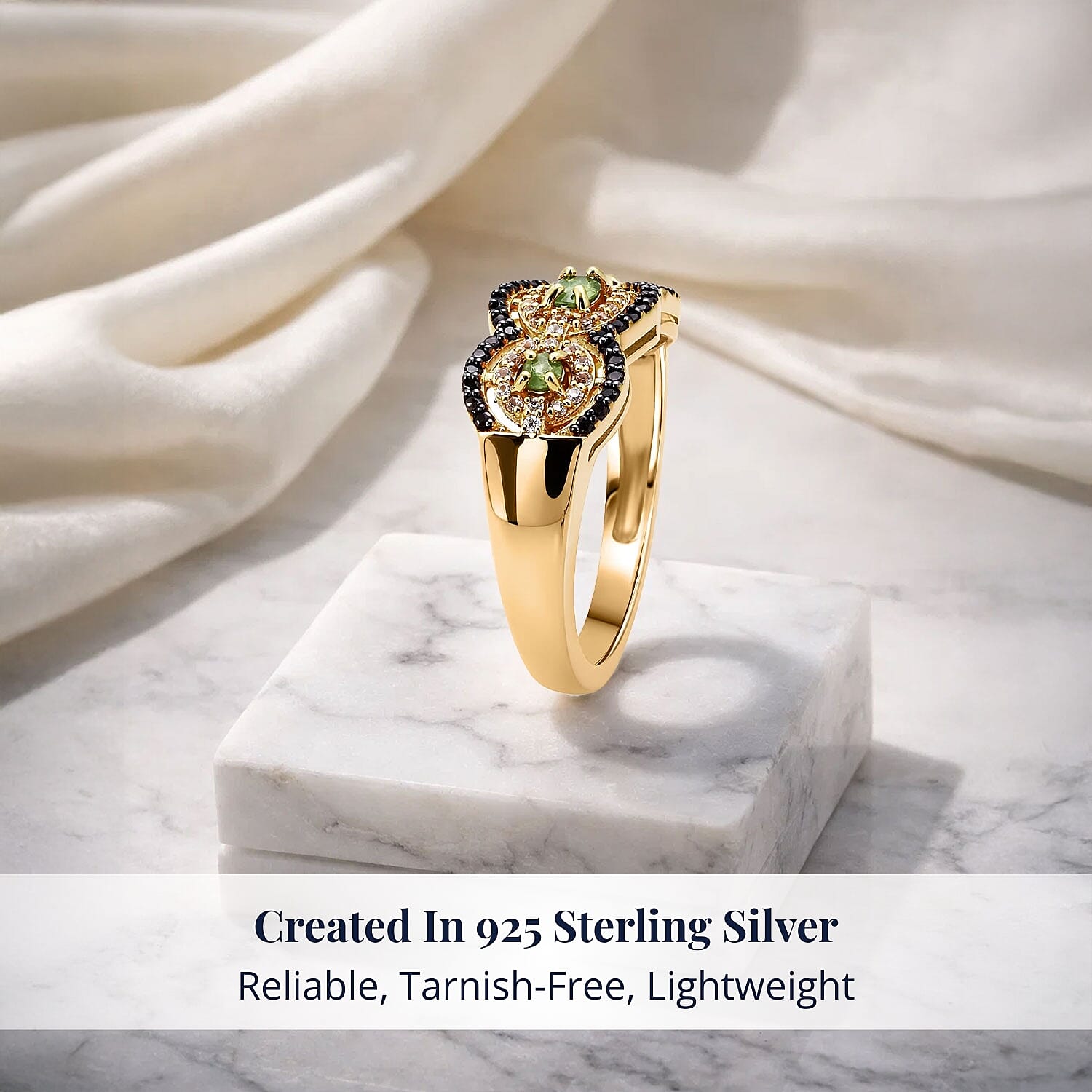 D'Joy Ambanja Demantoid Garnet, Coffee and White Zircon 1.10 ctw Greenfire Regal Ring in 18K Vermeil Yellow Gold Over Sterling Silver (Size 6.0)