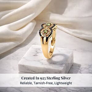 D'Joy Ambanja Demantoid Garnet, Coffee and White Zircon 1.10 ctw Greenfire Regal Ring in 18K Vermeil Yellow Gold Over Sterling Silver (Size 6.0)