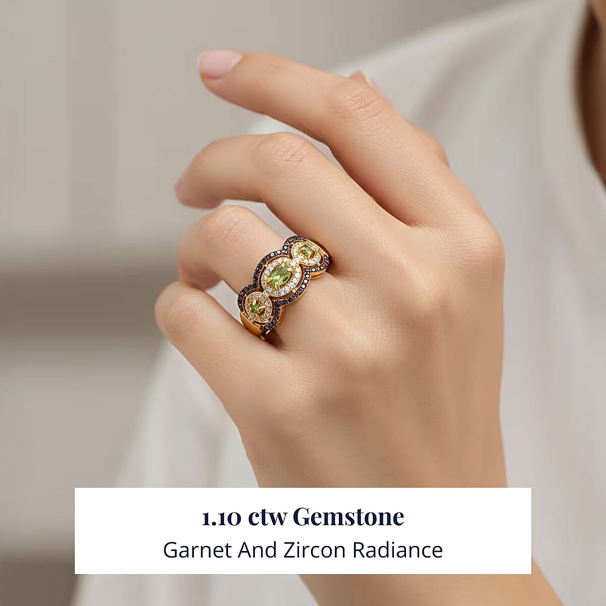 D'Joy Ambanja Demantoid Garnet, Coffee and White Zircon 1.10 ctw Greenfire Regal Ring in 18K Vermeil Yellow Gold Over Sterling Silver (Size 7.0) image number 1