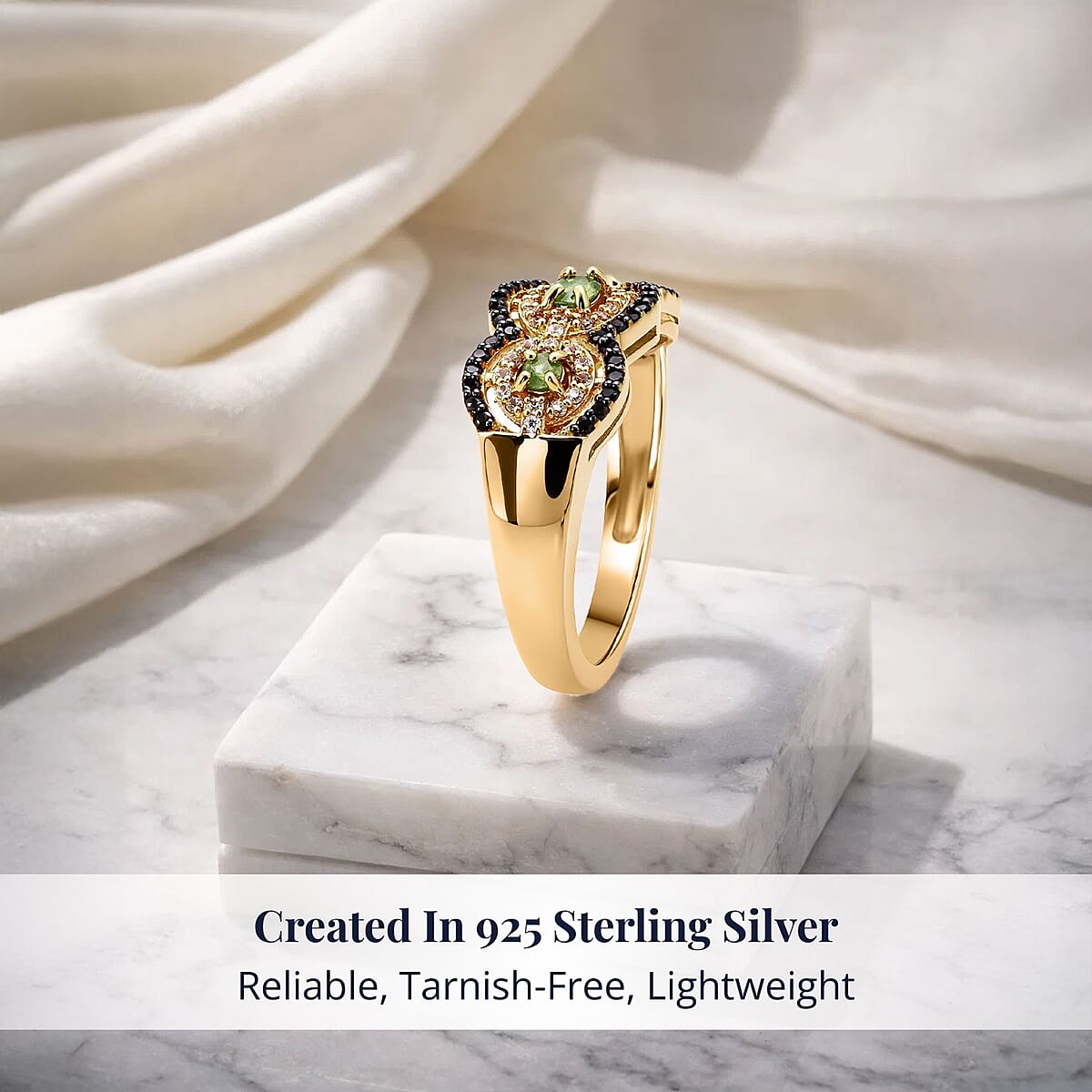 D'Joy Ambanja Demantoid Garnet, Coffee and White Zircon 1.10 ctw Greenfire Regal Ring in 18K Vermeil Yellow Gold Over Sterling Silver (Size 7.0) image number 2