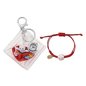 Strada SL68 Quartz Movement Keychain Watch with Cat Charms Strap and Nylon Bracelet with Ceramic Charms in Silvertone (7-7.5In)