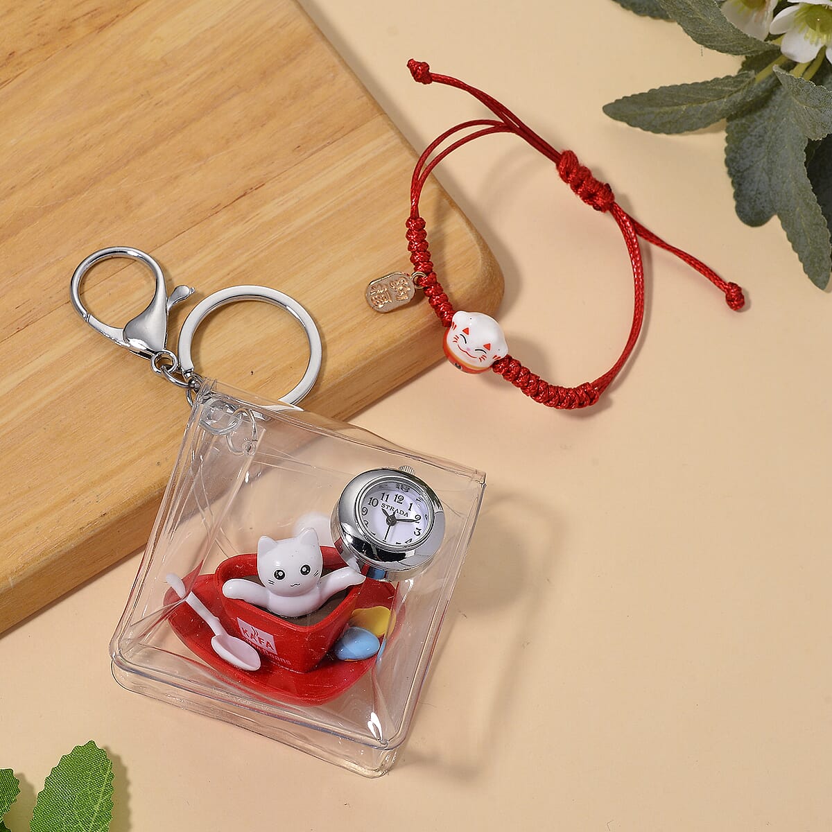 Strada SL68 Quartz Movement Keychain Watch with Cat Charms Strap and Nylon Bracelet with Ceramic Charms in Silvertone (7-7.5In) image number 1