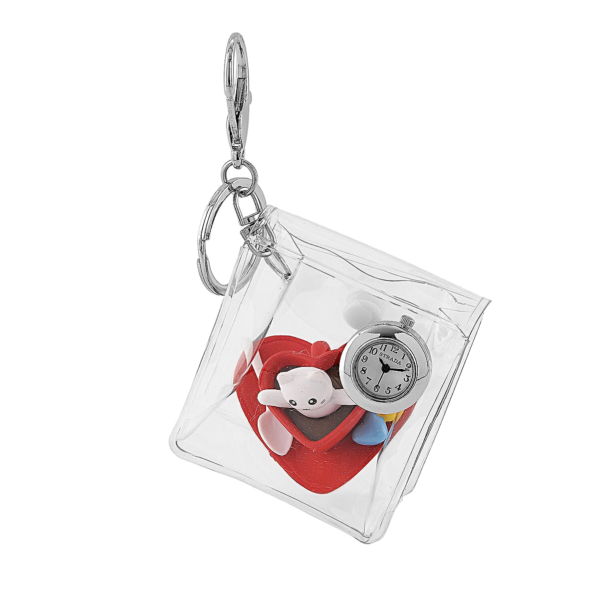 Strada SL68 Quartz Movement Keychain Watch with Cat Charms Strap and Nylon Bracelet with Ceramic Charms in Silvertone (7-7.5In) image number 2