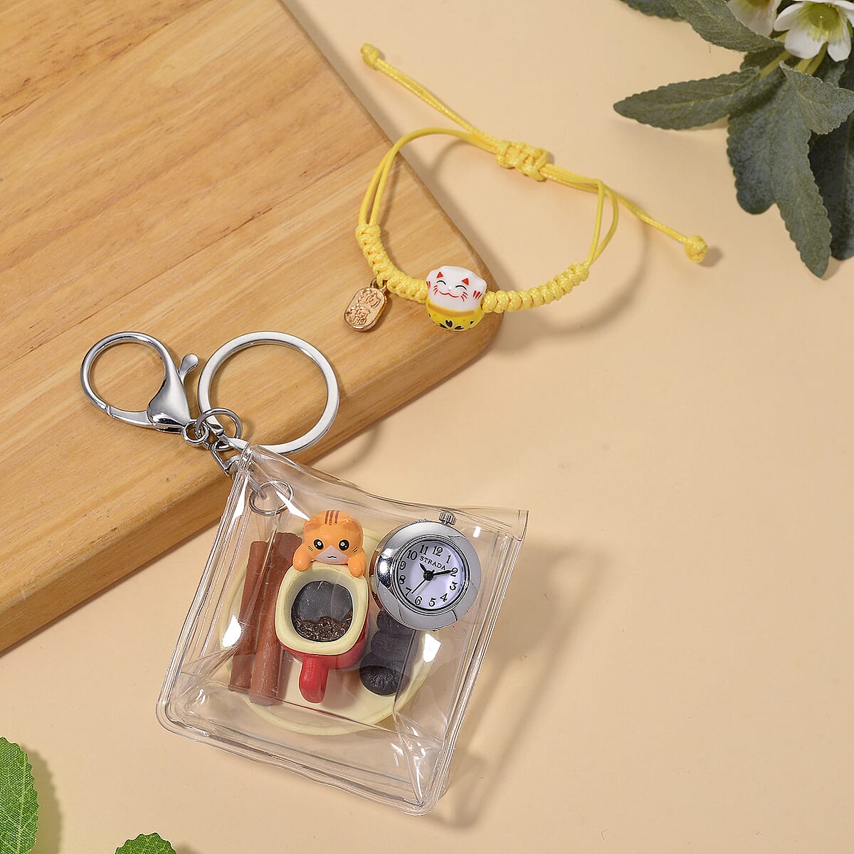 Strada SL68 Quartz Movement Keychain Watch with Cat Charms Strap and Nylon Bracelet with Ceramic Charms in Silvertone (7 7.5In) image number 1