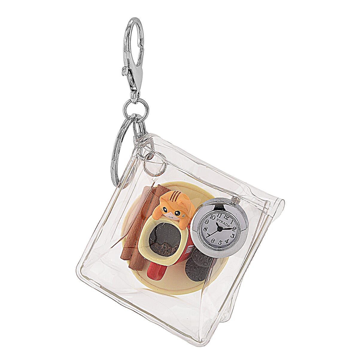 Strada SL68 Quartz Movement Keychain Watch with Cat Charms Strap and Nylon Bracelet with Ceramic Charms in Silvertone (7 7.5In) image number 2