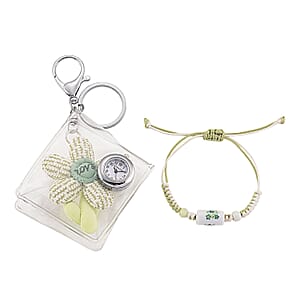 TLV Strada SL68 Quartz Movement Keychain Watch with Flower Charms Strap and Nylon Bracelet with Ceramic Charms (7 7.5In)