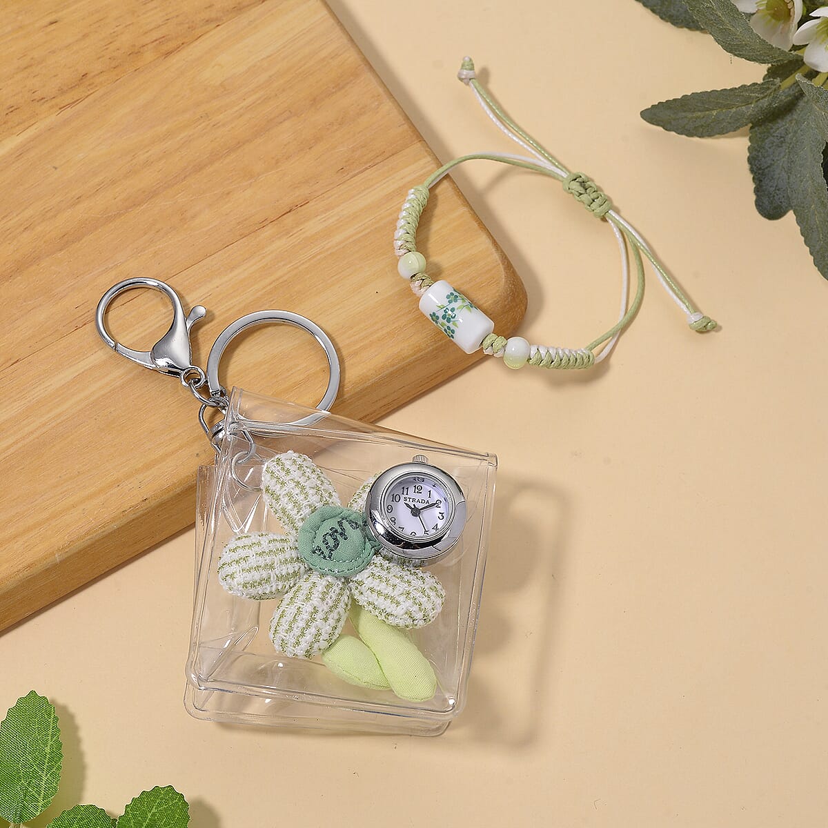 TLV Strada SL68 Quartz Movement Keychain Watch with Flower Charms Strap and Nylon Bracelet with Ceramic Charms (7 7.5In) image number 1