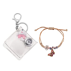 TLV Strada SL68 Quartz Movement Keychain Watch with Dog Charms Strap and Nylon Bracelet with Ceramic Charms in Silvertone (7 7.5In)