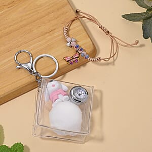 TLV Strada SL68 Quartz Movement Keychain Watch with Dog Charms Strap and Nylon Bracelet with Ceramic Charms in Silvertone (7 7.5In)