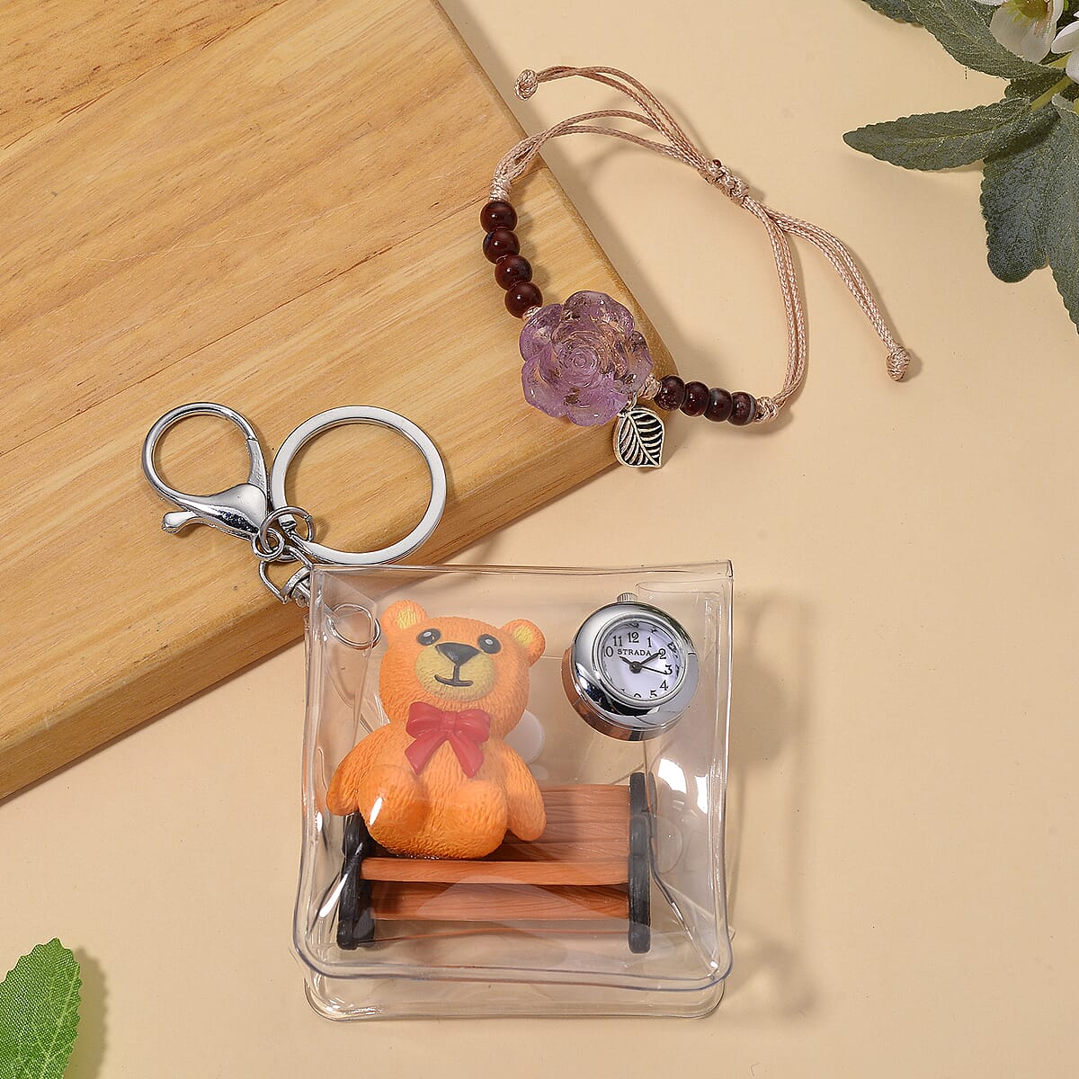 Strada SL68 Quartz Movement Keychain Watch with Bear Charms Strap and Nylon Bracelet with Resin Charms (7 7.5In) image number 1