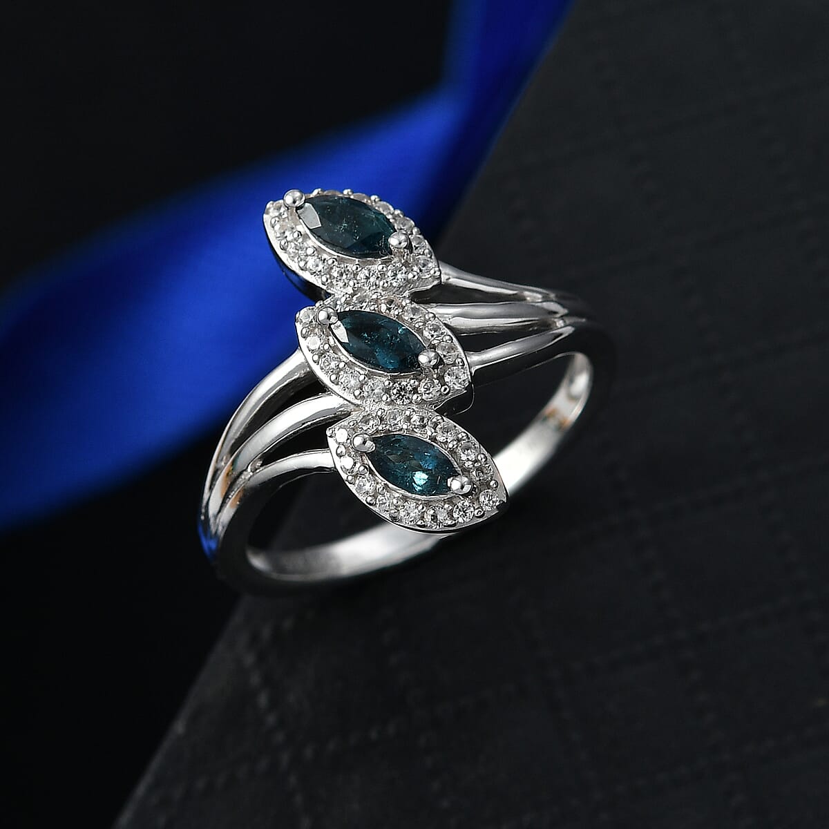 D'Joy Premium Monte Belo Indicolite and White Zircon 0.75 ctw Regal Tulip Garden Ring in Rhodium Over Sterling Silver (Size 6.0) image number 1